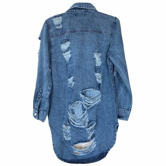 NEW THRILL Destroyed Long Denim Jacket Sz M - Picture 3 of 15